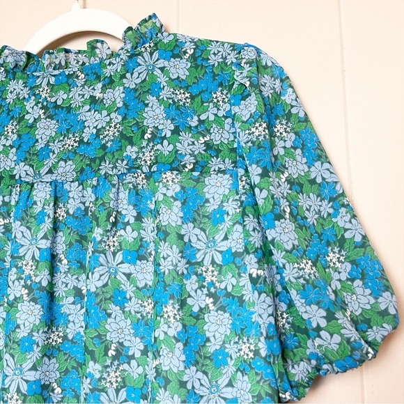 J. Crew Ruffle Trim Short Sleeve Top Hyacinth Fields XS blue floral blouse flowy - Picture 6 of 12